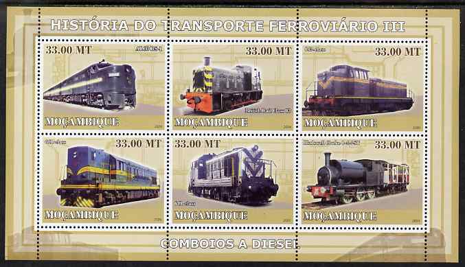Mozambique 2009 History of Transport - Railways #03 perf sheetlet containing 6 values unmounted mint, stamps on transport, stamps on railways