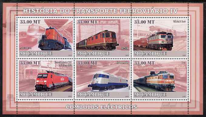 Mozambique 2009 History of Transport - Railways #04 perf sheetlet containing 6 values unmounted mint, stamps on transport, stamps on railways