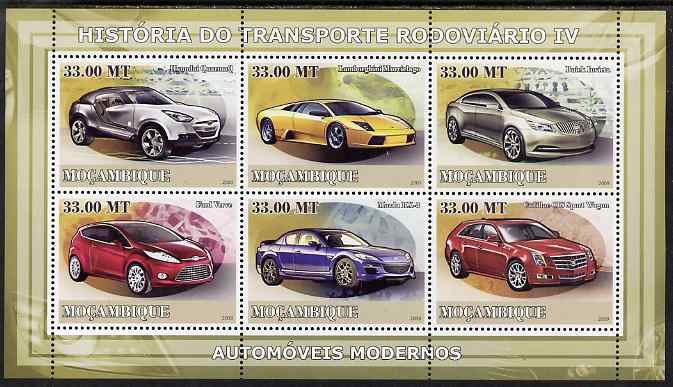 Mozambique 2009 History of Transport - Road Transport #04 perf sheetlet containing 6 values unmounted mint, stamps on transport, stamps on cars, stamps on buick, stamps on lamborghini, stamps on ford, stamps on mazda