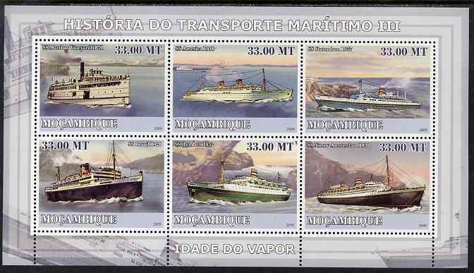 Mozambique 2009 History of Transport - Ships #03 perf sheetlet containing 6 values unmounted mint, stamps on transport, stamps on ships