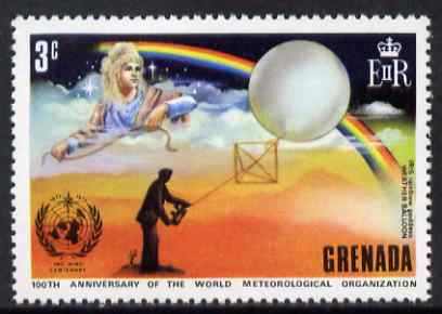 Grenada 1973 IMO & WMO Centenary 3c showing Weather Balloon & Rainbow unmounted mint, SG 559*, stamps on balloons, stamps on rainbow, stamps on iris, stamps on weather