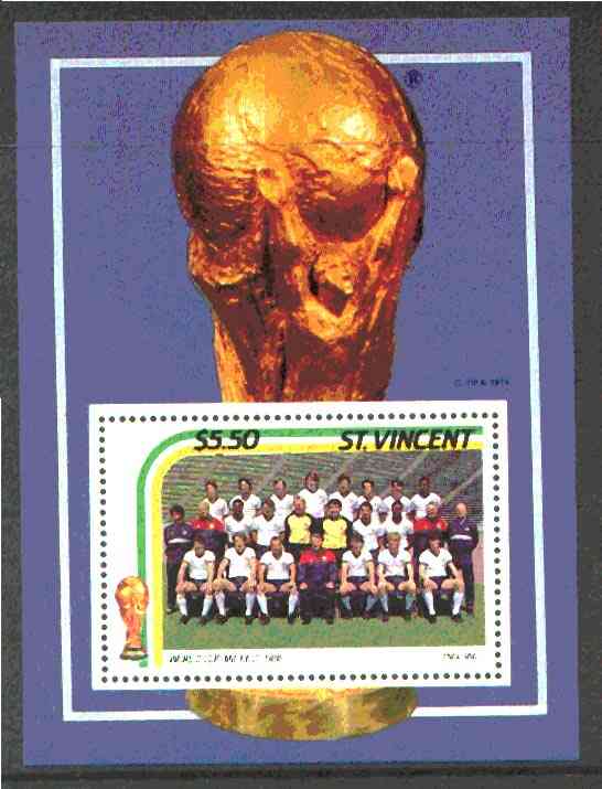 St Vincent 1986 World Cup Football m/sheet  $5.50 (England Team) SG MS 995f, stamps on football, stamps on sport 