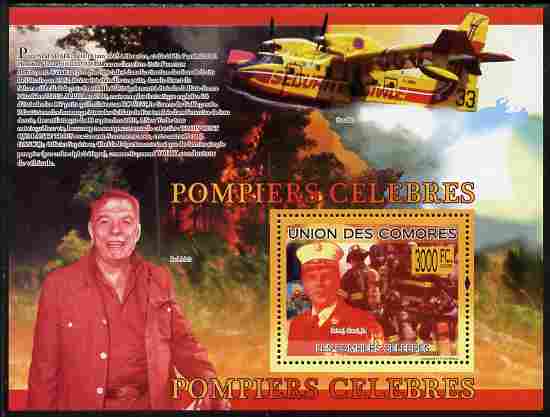 Comoro Islands 2009 Fire Fighters perf souvenir sheet unmounted mint, Michel BL 495, stamps on personalities, stamps on fire, stamps on films, stamps on cinema, stamps on aviation