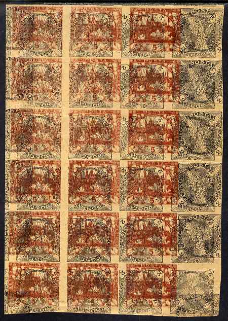 Czechoslovakia 1918 Windhover 2h imperf proof block of 24 in green doubly printed, one inverted with additional impression of 5h Hradcany in red-brown, on ungummed buff p..., stamps on tourism, stamps on birds
