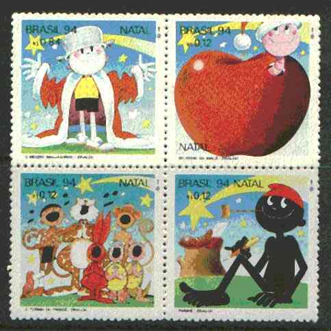 Brazil 1994 Christmas se-tenant block of 4 (Cartoon characters) unmounted mint SG 2687-90, stamps on christmas, stamps on apples, stamps on smoking, stamps on tobacco, stamps on music, stamps on bethlehem