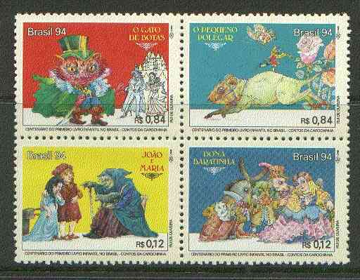 Brazil 1994 Fairy Tales se-tenant block of 4 unmounted mint SG 2675-78, stamps on fairy tales, stamps on literature, stamps on children, stamps on cats