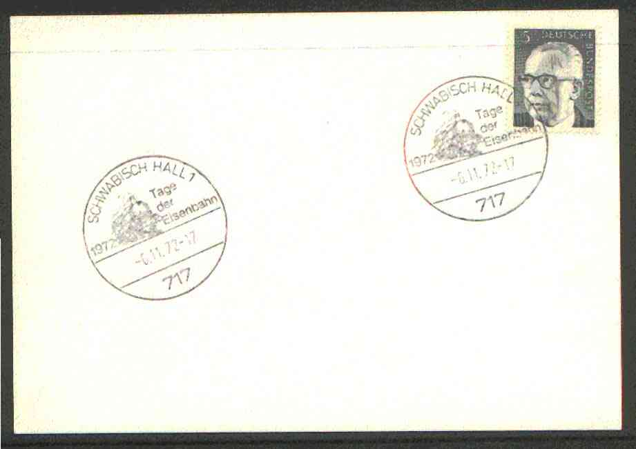 Germany - West 1972 unaddressed card with fine strike of Schwabisch Hall 1 (717) illustrated Railway cancel, stamps on railways