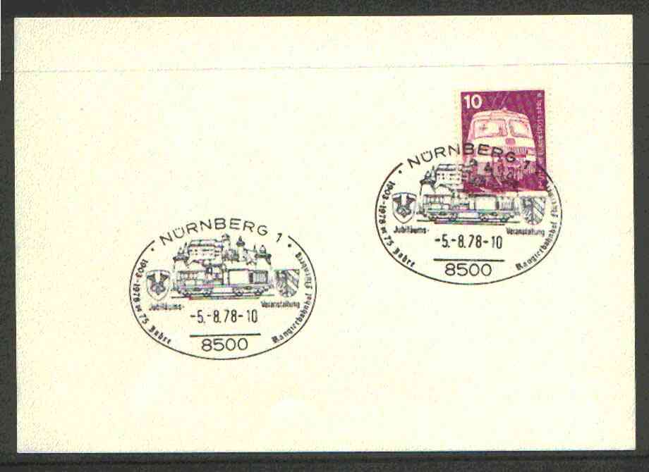 Germany - West 1978 unaddressed card with fine strike of NŸrnberg 1 (8500) illustrated Railway cancel, stamps on railways
