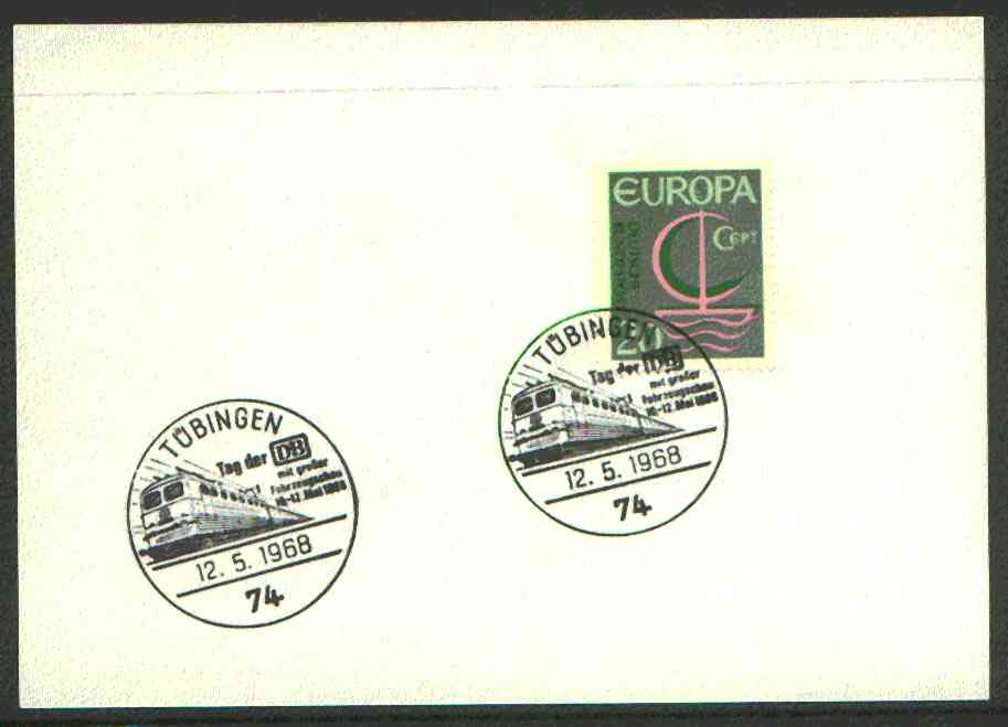 Germany - West 1968 unaddressed card with fine strike of TŸbingen (74) illustrated Railway cancel, stamps on railways