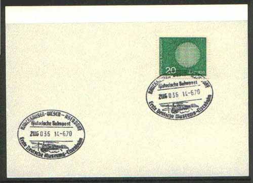 Germany - West 1970 unaddressed card with fine strike of Bruchhausen Uicsen Asendorf illustrated Railway cancel , stamps on railways