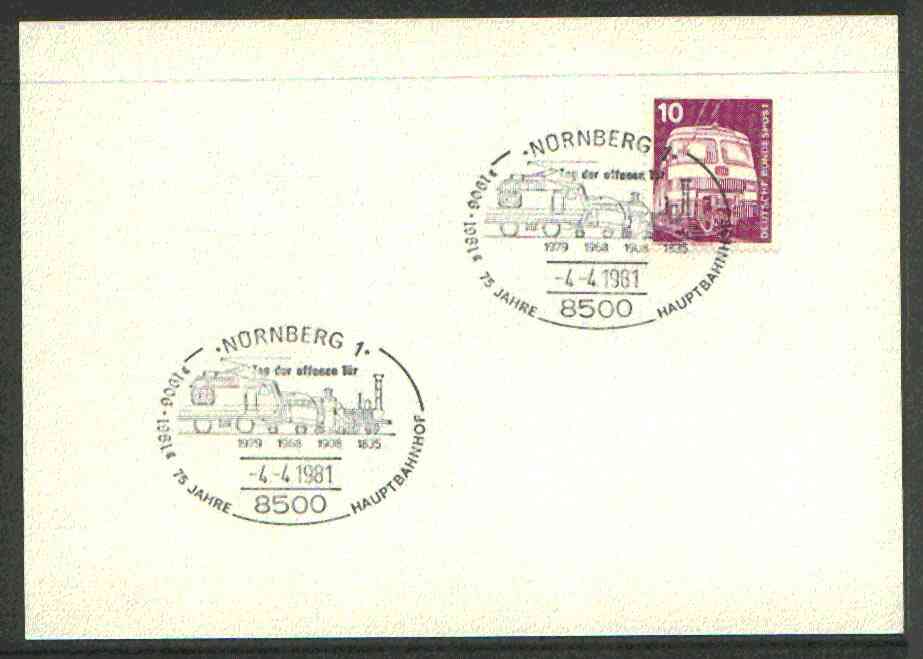 Germany - West 1974 unaddressed card with fine strike of Nornberg 1 (8500) illustrated Railway cancel , stamps on railways
