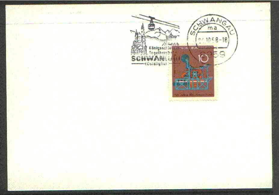 Germany - West 1972 unaddressed card with fine strike of Schwangau (8959) illustrated Cable Car cancel, stamps on railways, stamps on cable car