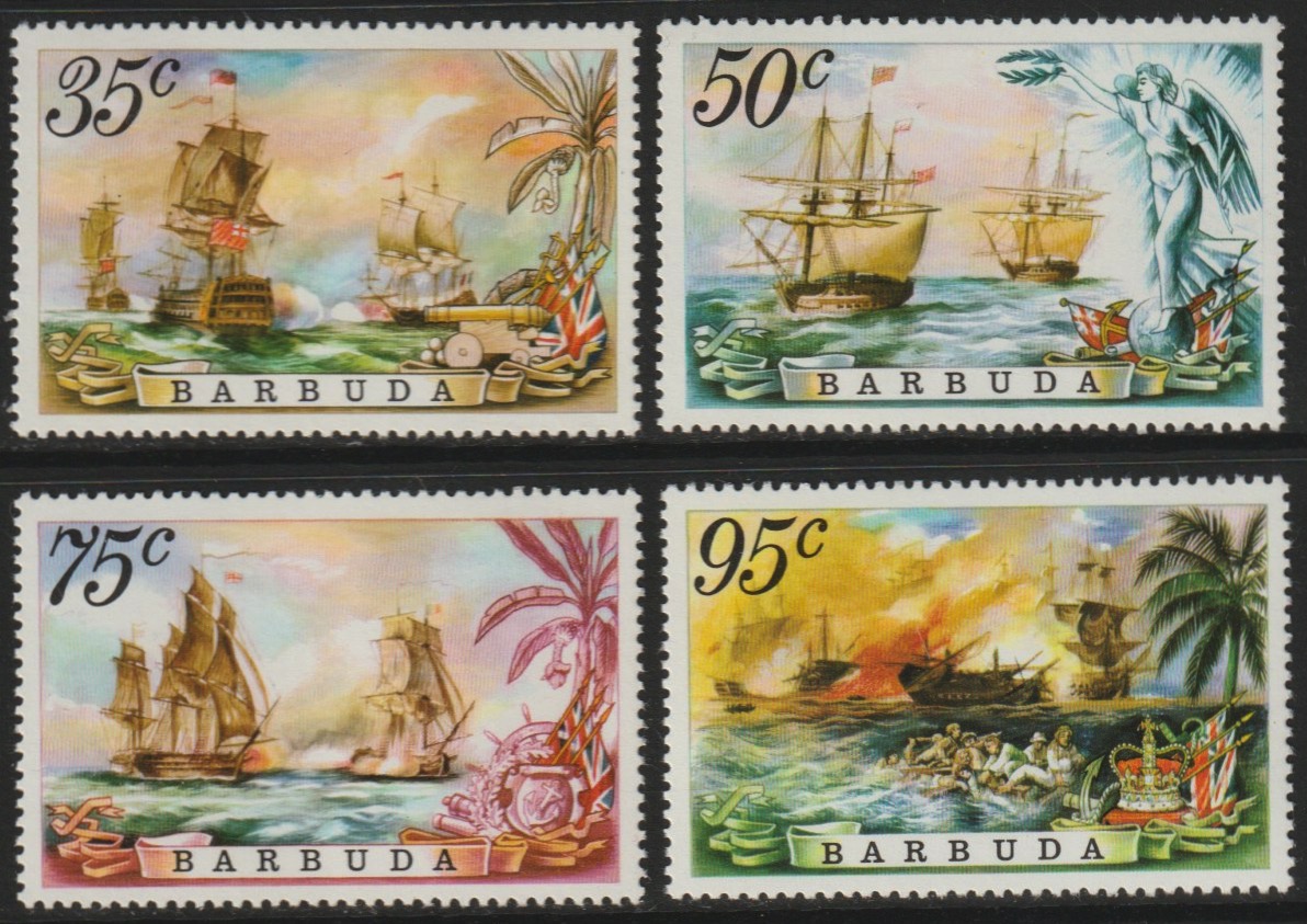 Barbuda 1975 Sea Battles set of 4 unmounted mint, SG 223-6, stamps on battles, stamps on ships, stamps on militaria
