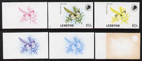 Lesotho 1984 Butterflies Meadow White 60s value x 6 imperf progressive proofs comprising various individual or combination composites, stamps on butterflies