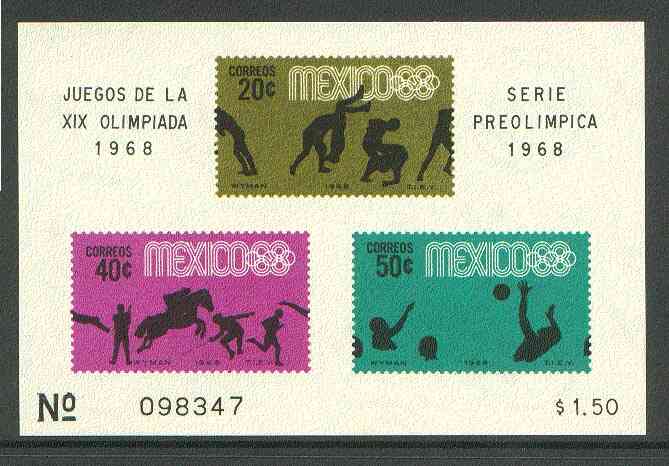 Mexico 1968 Olympic Games (4th Issue - Postage) imperf m/sheet showing Wrestling, Water Polo & Various Sports unmounted mint, SG MS 1164a, stamps on sport, stamps on olympics, stamps on wrestling, stamps on water polo, stamps on show jumping, stamps on fencing