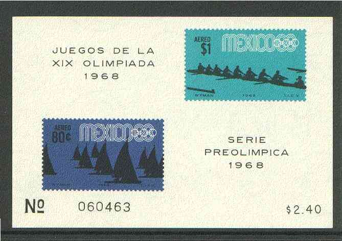 Mexico 1968 Olympic Games (4th Issue - Air) imperf m/sheet showing Yachting & Rowing unmounted mint, SG MS 1169a, stamps on sport, stamps on olympics, stamps on yachting, stamps on rowing