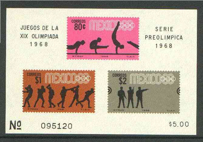 Mexico 1968 Olympic Games (4th Issue - Postage) imperf m/sheet showing Gymnastics, Boxing & Pistol shooting unmounted mint, SG MS 1164b, stamps on sport, stamps on olympics, stamps on gymnastics, stamps on boxing, stamps on pistols, stamps on shooting, stamps on rifles, stamps on  gym , stamps on gymnastics, stamps on firearms