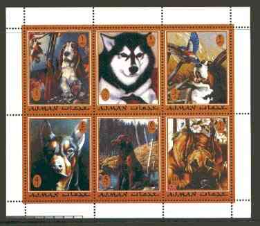 Ajman 2000 Dogs #01 perf sheetlet containing set of 6 values unmounted mint, stamps on dogs, stamps on kingfisher