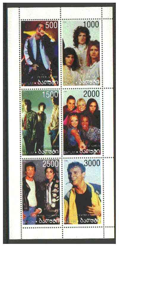 Batum 1999 Pop Stars perf sheetlet containing set of 6 values (Queen, Spice Girls, Jackson, Pink Floyd etc) unmounted mint, stamps on pops, stamps on music, stamps on entertainments, stamps on spice girls, stamps on 