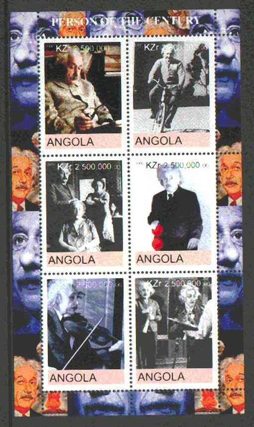 Angola 2000 Albert Einstein perf sheetlet containing set of 6 values unmounted mint, stamps on , stamps on  stamps on personalities, stamps on  stamps on nobel, stamps on  stamps on science, stamps on  stamps on physics, stamps on  stamps on einstein, stamps on  stamps on bicycles, stamps on  stamps on music, stamps on  stamps on judaica   , stamps on  stamps on personalities, stamps on  stamps on einstein, stamps on  stamps on science, stamps on  stamps on physics, stamps on  stamps on nobel, stamps on  stamps on maths, stamps on  stamps on space, stamps on  stamps on judaica, stamps on  stamps on atomics