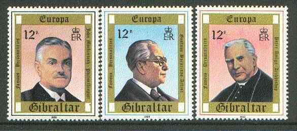Gibraltar 1980 Europa Personalities set of 3 unmounted mint SG 433-35*, stamps on europa, stamps on personalities, stamps on arts, stamps on religion