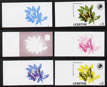 Lesotho 1984 Butterflies Christmas Butterfly 5m (top value) x 6 imperf progressive proofs comprising various individual or combination composites, stamps on butterflies