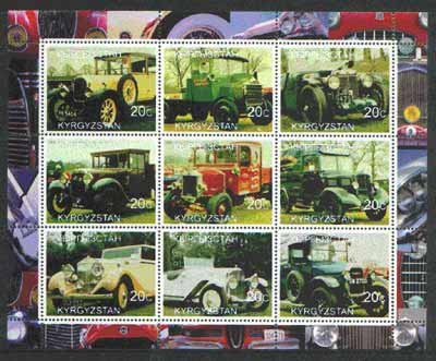 Kyrgyzstan 2000 Vintage Cars & Trucks perf sheetlet containing set of 9 values unmounted mint, stamps on cars, stamps on trucks, stamps on  mg , stamps on 