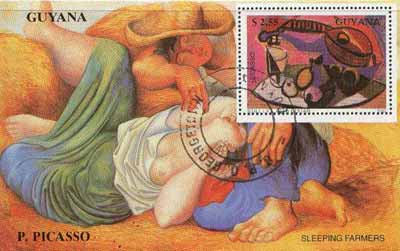 Guyana 1990 Picasso perf m/sheet (Still Life with Guitar & Sleeping farmers) cto used, stamps on arts, stamps on picasso, stamps on nudes, stamps on music, stamps on guitar, stamps on musical instruments