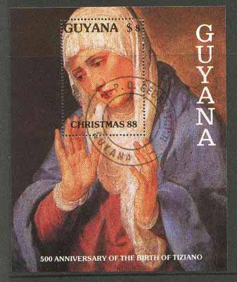 Guyana 1988 Christmas perf m/sheet (Virgin by Tiziano) cto used, stamps on arts, stamps on tiziano, stamps on christmas