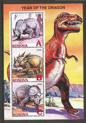 Kosova 2000 Dinosaurs (Year of the Dragon) perf sheetlet containing set of 3 values unmounted mint, stamps on dinosaurs, stamps on dragons