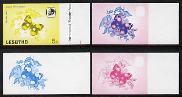 Lesotho 1984 Butterflies Yellow Pansy 5s value x 4 imperf progressive proofs comprising various individual or combination composites, stamps on butterflies
