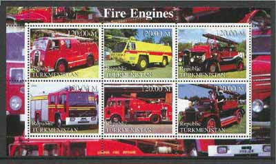 Turkmenistan 2000 Fire Engines perf sheetlet containing set of 6 values unmounted mint, stamps on fire