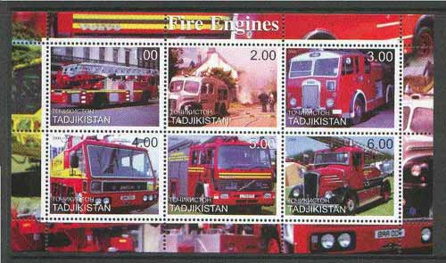 Tadjikistan 2000 Fire Engines perf sheetlet containing set of 6 values unmounted mint, stamps on fire