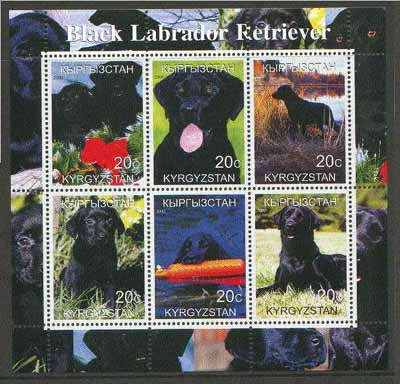 Kyrgyzstan 2000 Black labrador Retriever Dogs perf sheetlet containing set of 6 values unmounted mint, stamps on dogs, stamps on labrador, stamps on retrievers