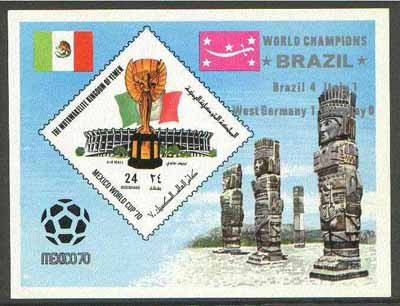 Yemen - Royalist 1970 World Cup Football 24b value (diamond shaped) imperf m/sheet unmounted mint opt'd 'Brazil World Champions' in silver, stamps on football, stamps on sport