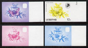 Lesotho 1984 Butterflies Suffused Acraea 10s value x 4 imperf progressive proofs comprising various individual or combination composites, stamps on butterflies