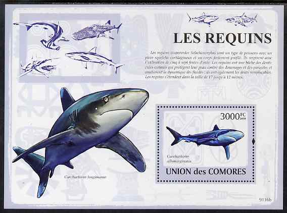 Comoro Islands 2009 Sharks perf s/sheet unmounted mint, stamps on marine life, stamps on sharks, stamps on fish