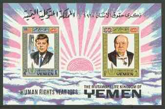 Yemen - Royalist 1968 Human Rights imperf m/sheet (Churchill & Kennedy) with emblem in gold unmounted mint, Mi BL 119, stamps on personalities, stamps on churchill, stamps on human rights, stamps on  kennedy