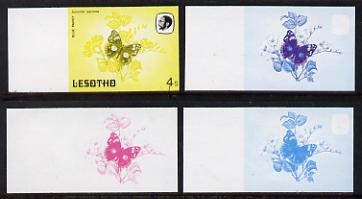 Lesotho 1984 Butterflies Blue Pansy 4s value x 4 imperf progressive proofs comprising various individual or combination composites, stamps on butterflies