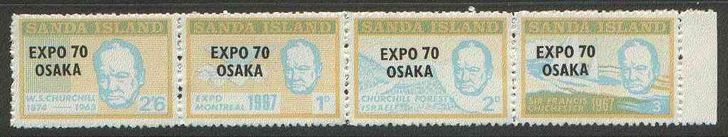 Sanda Island 1970 'Expo 70 Osaka' opt on 1970 Churchill perf def strip of 4 (Chichester Boat, Forest etc) unmounted mint (Rosen S188-91), stamps on churchill, stamps on personalities, stamps on yachts, stamps on trees, stamps on e