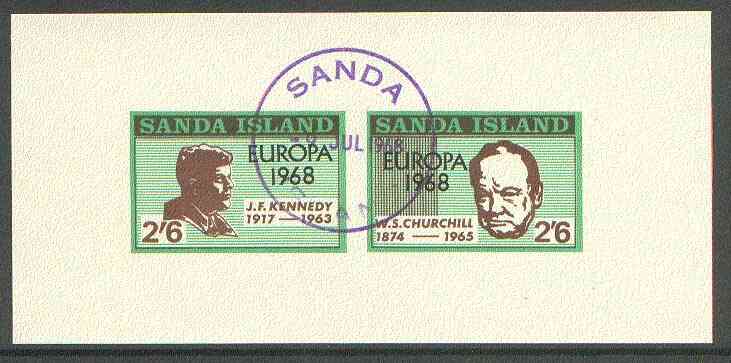 Sanda Island 1968 Europa optd on Kennedy & Churchill imperf m/sheet with first day Sanda cancel, stamps on kennedy, stamps on personalities, stamps on churchill, stamps on europa