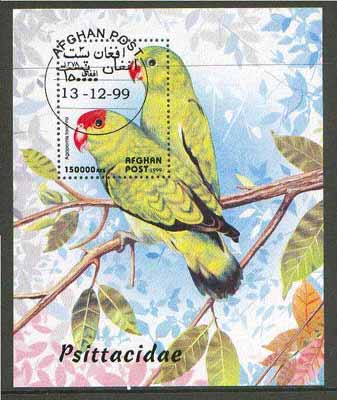 Afghanistan 1999 Parrots m/sheet fine cto used, stamps on birds, stamps on parrots