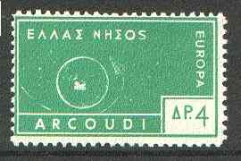 Cinderella - Arcoudi (Greek Local) 1963 4d green Europa perf label showing rocket orbitting Earth (?) unmounted mint, blocks pro rata, stamps on europa, stamps on space, stamps on rockets