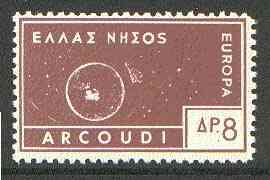 Cinderella - Arcoudi (Greek Local) 1963 8d brown Europa perf label showing rocket orbitting Earth (?) unmounted mint, blocks pro rata, stamps on , stamps on  stamps on europa, stamps on space, stamps on rockets