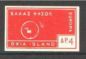 Cinderella - Oxia Island (Greek Local) 1963 4d orange-red Europa imperf label showing rocket orbitting Earth (?) unmounted mint. blocks pro rata, stamps on europa, stamps on space, stamps on rockets