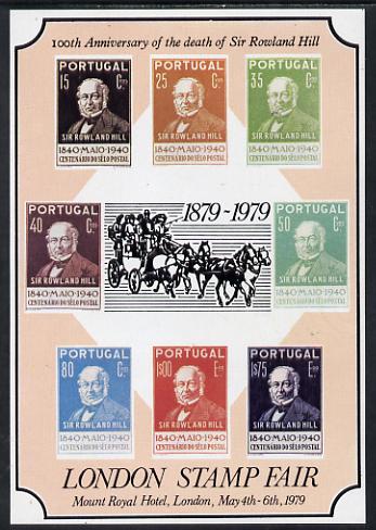 Exhibition souvenir sheet for 1979 London Stamp Fair showing Portugal Rowland Hill set of 8 unmounted mint, stamps on rowland hill     stamp exhibitions      cinderella