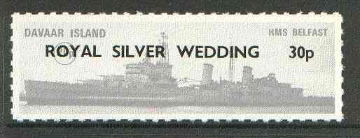 Davaar Island 1972 HMS Belfast 20p grey opt'd Royal Silver Wedding 30p Rouletted without tab unmounted mint*, stamps on ships, stamps on royalty, stamps on silver wedding