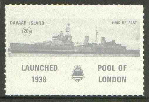 Davaar Island 1972 HMS Belfast 20p grey Rouletted with tab (Launched 1938, Pool of London with crest) unmounted mint, stamps on ships
