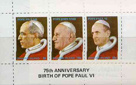 Davaar Island 1973 Popes (Pius XII, John XXIII & Paul VI) rouletted m/sheet unmounted mint with 75th Birth Anniversary of Pope Paul VI imprint, stamps on personalities, stamps on religion, stamps on pope