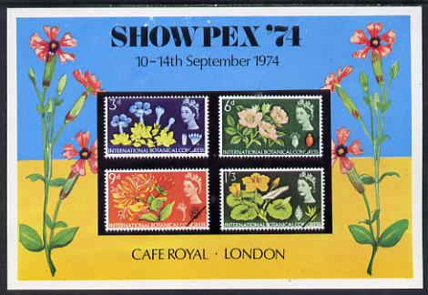 Exhibition souvenir sheet for 1974 Showpex showing  Great Britain Botanical set of 4 unmounted mint, stamps on flowers    stamp exhibitions    cinderella